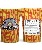 Two psychedelic-themed packages with vibrant, wavy orange and yellow designs. One package features an eye with smoke and the text "PSYCHEDELIA" and "ENJOY THE WAVE". The second package lists product details and dosage for "Psychedelia LSD-25 Blotter (155ug)" along with safety warnings.