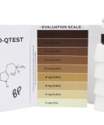 Image of a Blue Pulaski Premium box containing a color evaluation scale ranging from 0 mg to 24 mg, a molecule diagram, and a small vial with a dark liquid on top of multiple white cylindrical shapes.