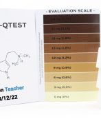 A Golden Teacher from PSILO-QTEST is shown. The kit includes an evaluation scale ranging from 0% to 2.4% psilocybin content and a vial with dark liquid. Below the chemical structure, text reads "Golden Teacher 08/12/22.