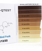 A vial containing a brown liquid is placed next to an open booklet. The booklet is titled "PSILO-QTEST" and features a chemical structure illustration and an evaluation scale with varying dosages in milligrams. The text "Jedi Mind F*ck 08/12/22" is written below the chemical structure.